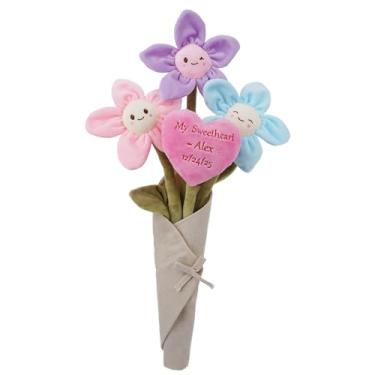 Imagem de June Garden Buquê de flores de pelúcia de 43 cm com coração personalizável – 3 flores macias de pelúcia com hastes dobráveis – Presente bordado personalizado para o dia dos namorados, aniversário, ou