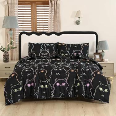 Imagem de SDIII Conjunto completo de edredom de gato preto, de microfibra macia, leve, com fronhas, 3 peças, para meninas, meninos, crianças e adolescentes