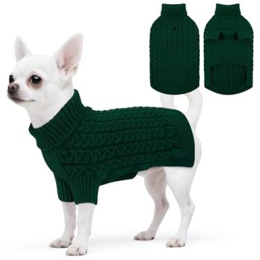 Imagem de SAWMONG Suéter para cães, suéteres para cães pequenos, meninas, meninos, pulôver de malha de gola rolê, roupas para animais de estimação para clima frio (verde, pequeno