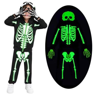 Imagem de Weixinbuy Skwleton Skwleton infantil fantasia de Halloween Skwleton moletom com zíper conjunto de calças com capuz e luvas luminosas roupas de Halloween para meninos e meninas 7-8 anos