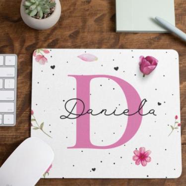 Imagem de Mouse Pad Nome Personalizado Flores Tecido Emborrachado Pequeno 19x23 
