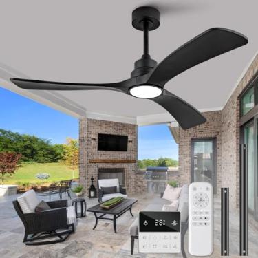 Imagem de OMYU Ventilador de teto preto com luz, ventilador de teto de madeira maciça de 132 cm, controle remoto, interruptor de parede, regulável, motor CC silencioso reversível, sem memória, ventiladores de