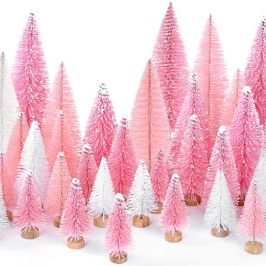 Imagem de Waipfaru 21 pincéis para garrafas de árvores de Natal, mini decoração de mesa de Natal, pinheiros em miniatura para decoração de interiores (rosa e branco)