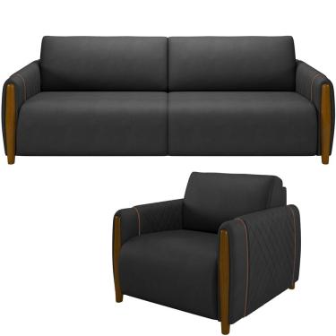 Imagem de Kit Sofá 3 Lugares Sala Estar 223 Com Poltrona Flora Pés Madeira M03 Couríssimo Preto - Lyam Decor