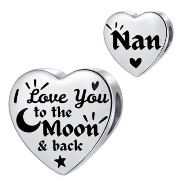 Imagem de MiiFort Pingente de coração prata para família com berloques Pandora "I Love You to the Moon and Back", contas de aniversário para mulheres, aço inoxidável, One Size, Aço inoxidável, Sem Pedra