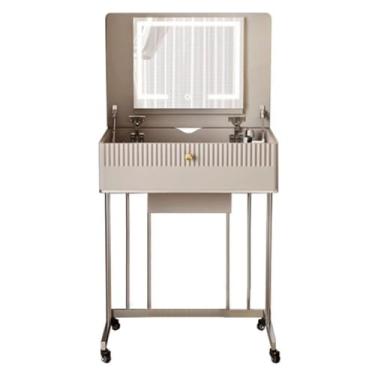 Imagem de Escrivaninha de penteadeira Penteadeira francesa estilo creme, penteadeira pequena com espelho de maquiagem, cabeceira para quarto, armazenamento móvel