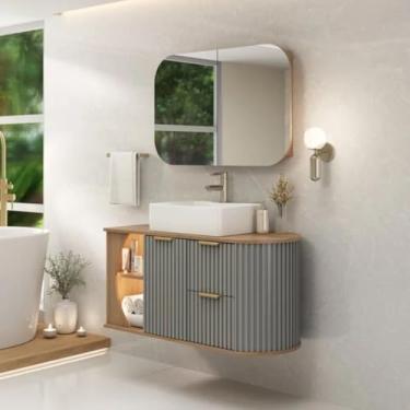 Imagem de Gabinete de Banheiro 100cm Ripado Espelheira Cuba Suspenso