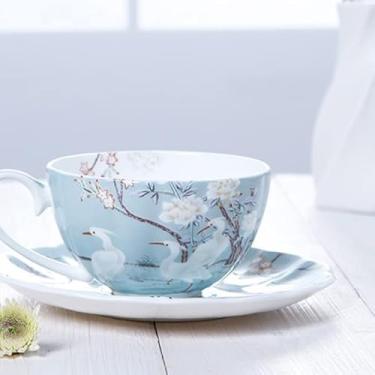 Imagem de Conjunto de xícaras de café estilo caneca de café de luxo presente criativo xícaras de chá e xícaras de café conjunto de pires lindos copos de cerâmica caneca de café (tamanho: 250 ml, cor: azul