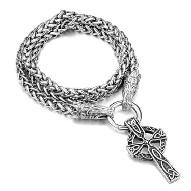 Imagem de FaithHeart Colar masculino viking nórdico punk corrente grossa, aço inoxidável Mjolnir/nó celta pingente cabeça de lobo embalagem de presente, Aço inoxidável, Zircônia cúbica,