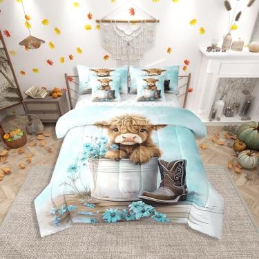 Imagem de Erosebridal Conjunto de lençol de casal com desenho animado de vaca das terras altas, 7 peças, para crianças, meninos, meninas, margarida, floral, madeira, rústico, azul e branco, conjunto de edredom