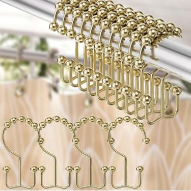 Imagem de Conjunto de 12 ganchos de cortina de chuveiro, ganchos de cortina de chuveiro deslizantes duplos de metal resistente à ferrugem para varões de chuveiro de banheiro, bolas de rolo lisas, dourado