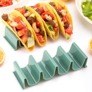 Imagem de Suporte de taco verde escuro - pacote com 2, bandeja de taco em forma de onda para festa, comporta 4 tacos cada, pode ser lavada na lava-louças e empilhável
