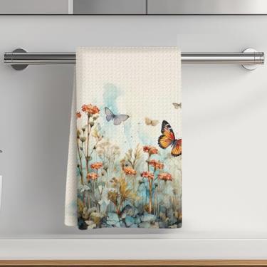 Imagem de Toalhas de cozinha vintage borboleta 35,5 x 61 cm, reutilizável absorvente waffle trançado aquarela floral prato prato toalhas de chá para limpeza cozinhar assar, outono inverno fundo bege decoração