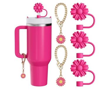 Imagem de Conjunto de 5 peças compatíveis com acessórios Stanley Cup, 3 topos de canudo compatíveis com capa Stanley de 9 a 10 mm, 2 lindos pingentes de flores para copo com alça (rosa rosa)