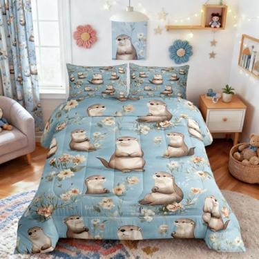 Imagem de Jogo de cama Queen com desenho de lontra, fofo, cinza, animal selvagem, para crianças, meninos, meninas, adolescentes, aquarela, retrô, flores, estilo rústico, edredom com 2 fronhas