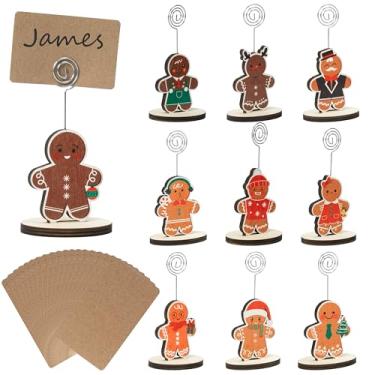 Imagem de R HORSE 20 peças de porta-cartões de Natal de madeira com cartões Kraft, lindo suporte de nome de número de mesa com foto e clipe de memorando, enfeite de homem de gengibre para decoração de mesa de