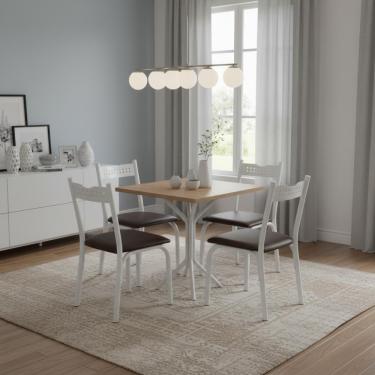 Imagem de Mesa De Aço Quadrada Com 4 Cadeiras De Jantar Pequena Branco - Branco E Carvalho