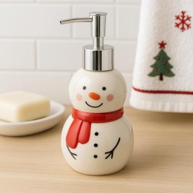 Imagem de Porta Sabonete Líquido para Banheiro Dispenser Saboneteira Natalina Boneco de Neve Cerâmica 18cm 300ml Decoração de Natal para Banheiro