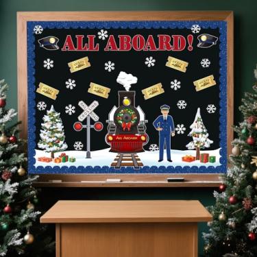 Imagem de Moinchore Conjunto de quadro de avisos de Natal, trem a vapor, decorações de sala de aula, passagens ferroviárias, passagens de trem, recortes de papel para decoração de porta de parede para