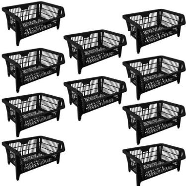 Imagem de Kit 10 Cesto Empilhavel Expositor Organizador Plástico Preto - Presto