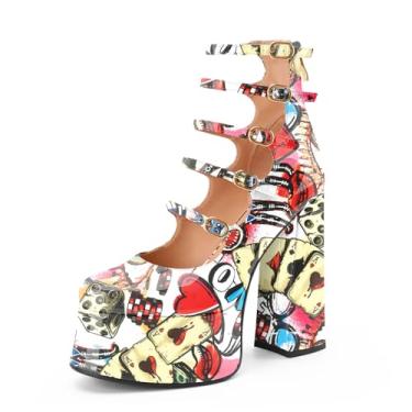 Imagem de Perisis Botas femininas plataforma Mary Janes salto alto bloco grosso cano curto bico fechado botas botas gótico lolita sapatos, Graffiti vermelho, 41