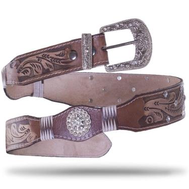 Imagem de Cinto Feminino Couro Western Fivela Pedraria Strass Brilho Rodeo Country Resistente
