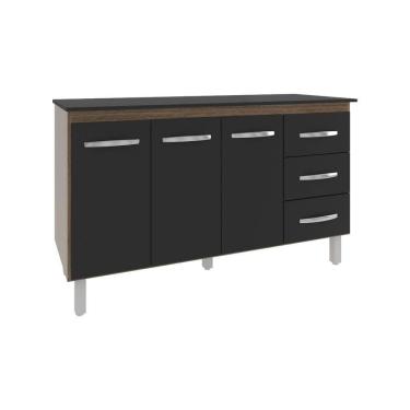 Imagem de Armário Cozinha Gabinete De Pia 160 Cm Estela Savana Preto E Tampo Tampão 160 Cm Mobília Decor Preto
