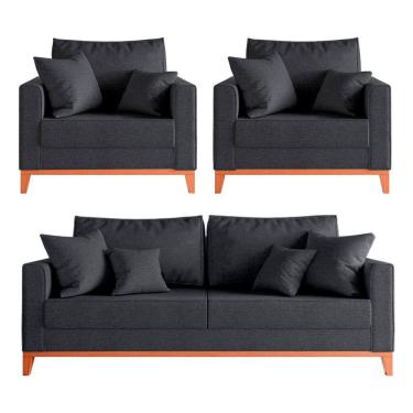 Imagem de Kit Sofá 2 Lugares E 2 Poltronas Beny Com Base De Madeira Linho Grafite