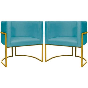 Imagem de Kit 2 Poltronas Cadeira Para Sala De Luna Suede Cores Base Dourada - Azul-turquesa, Suede