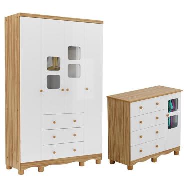 Imagem de Jogo De Quarto Infantil Uli Guarda Roupa 4 Portas E Cômoda Branco Brilho/amêndoa - Móveis Peroba