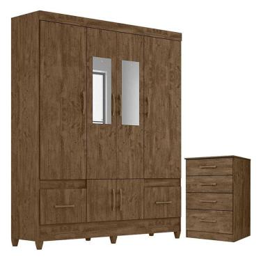 Imagem de Guarda Roupa Casal Ms912 Com Espelho E Cômoda Ms913 Castanho Wood - Moval