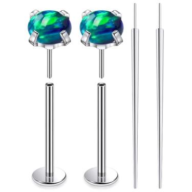 Imagem de Ruifan ASTM F136 titânio bochecha piercing barra joias sem rosca push in flat back língua anéis verde opala sólida titânio labret piercing corporal joias para mulheres homens 16G 19 mm