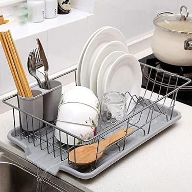 Imagem de BSNANCA Escorredor de louça, suporte de cozinha de ferro com bandeja, prateleira de armazenamento de louça, escorredor de pratos para armazenamento e secagem de utensílios de cozinha (tamanho: A) (B