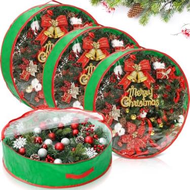 Imagem de Aliceset Pacote com 4 recipientes de armazenamento de guirlanda de Natal, bolsa de armazenamento de guirlanda de Natal com janela e alça transparentes, caixa de guirlanda de tecido Oxford para