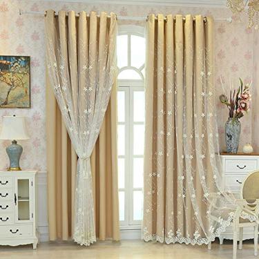 Imagem de Cortina blecaute de camada dupla bege, rosa - sobreposição de tule, blackout e voile renda branca bordada painel de cortina de sombreamento sólido em camadas, sala de estar/economia de energia