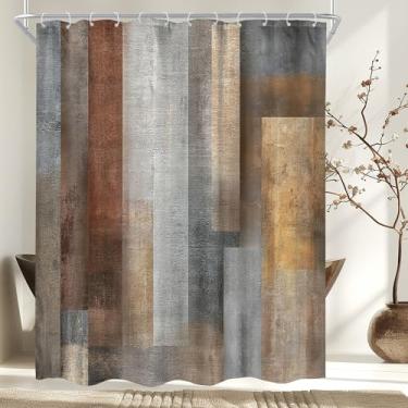 Imagem de Cinbloo Cortina de chuveiro abstrata marrom cinza 60Lx72H Vintage Farmhouse Pintura aquarela minimalista laranja cinza blocos de cor moderna conjunto de cortina de banheiro estética acessórios de