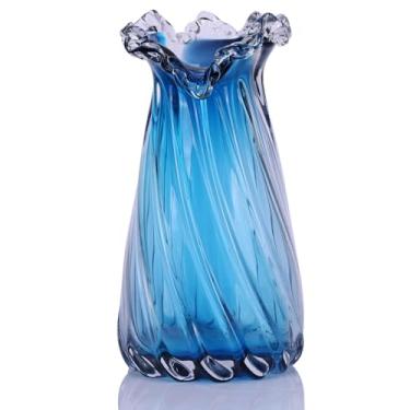 Imagem de Vaso de vidro azul soprado à mão, vaso decorativo de boca larga, vaso de vidro azul, adequado para centros de mesa de jantar, mesas de centro de sala de estar, suportes de TV, decoração de entrada e