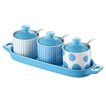 Imagem de Açucareiro azul com tampa, pote de armazenamento de açúcar, pote de açúcar, pote de tempero, pote de sal de açúcar, recipiente de tempero vermelho-3 conjuntos de potes de especiarias de cozinha (cor