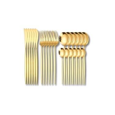 Imagem de Conjunto de Talheres Dourados, 24 Peças em Aço Inox, Faca 22cm, Garfo 20.5cm, Colher Mesa 20.5cm, Colher Sobremesa 13cm, Design Ergonômico, Elegante