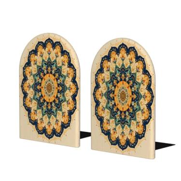 Imagem de Mandala étnica retrô grande suporte de livros de madeira decorativo antiderrapante resistente terminais de livro para mesa de escritório em casa biblioteca de estudo escolar divisórias de livros para