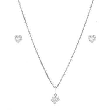 Imagem de Conjunto Corrente Cordão 60cm Feminino Brinco Ponto Luz Coração Prata 