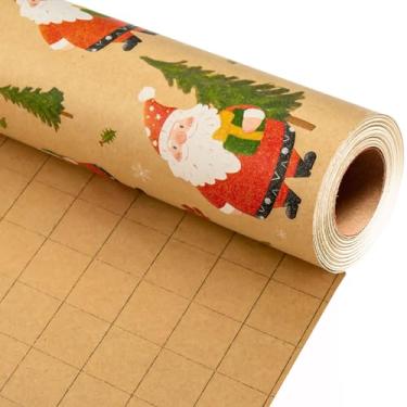 Imagem de Merture Rolo de papel de embrulho de Natal Kraft - embrulho de presente com Papai Noel fofo, rena e árvore de Natal - perfeito para o inverno - 43 cm x 80 metros