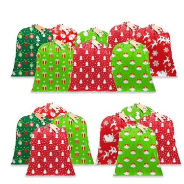 Imagem de TOBUCHUURY 16 unidades de sacos de presente de Natal a granel reutilizáveis de Natal sacos de pano de tecido de Papai Noel com etiquetas e cordas para lembrancinhas de festa de fim de ano, 11,7 × 20,3