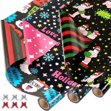 Imagem de EWES Jogo de papel de embrulho de Natal engraçado 3 rolos Papai Noel para crianças, lindos desenhos animados, gnomo grosso, folhas de embrulho para presente, exclusivo, reversível, divertido, total de