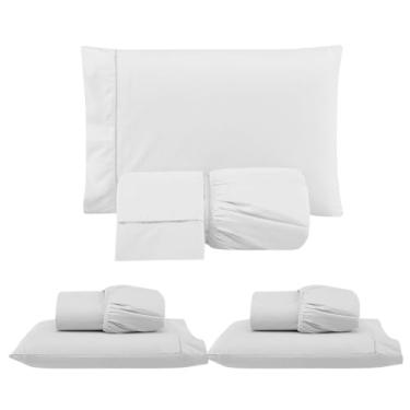 Imagem de Kit 3 Jogos de Lençol com Elástico e Fronhas Bordadas em Ponto Palito, Micropercal 300 Fios, 1 Casal Padrão e 2 Solteiros, 100% Poliéster (CPS Versat/Branco)