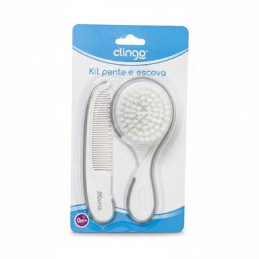 Imagem de Kit Escova e Pente de Cabelo para Bebê Clingoo, Higiene Suave e Completa, Cerdas Macias, Design Ergonômico, Cores Cinza e Branco, Ideal para Recém-Nascidos