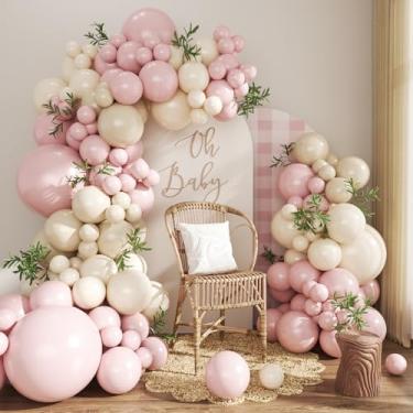 Imagem de Kit de guirlanda de arco de balão rosa empoeirado, 124 peças, boho, blush, rosa neutro, branco, areia, branco, branco, tamanhos diferentes para meninas, chá de bebê, aniversário, casamento, casamento