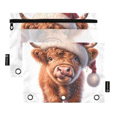 Imagem de Bolsa para lápis de pintura com 3 argolas fofas de vaca highland sacos de lápis de Natal com zíper fichários escolares bolsos transparentes pastel 25 x 18 cm, 2 pacotes