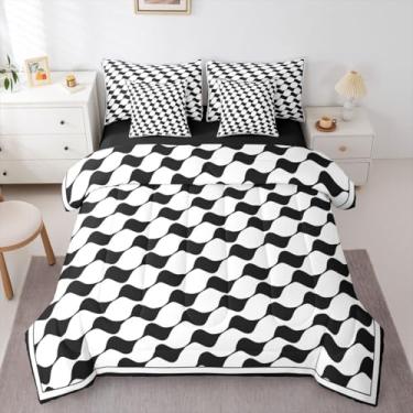 Imagem de Erosebridal Jogo de cama xadrez preto e branco, 7 peças, solteiro, geométrico, quadriculado, conjunto de edredom de búfalo triangular, moderno, para meninos, adolescentes, mulheres, adultos, casa de