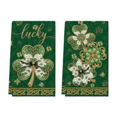 Imagem de Artoid Mode Toalha de prato verde escuro trevo trevo dia de São Patrício, 45 x 66 cm, casa de fazenda, férias, primavera, decoração, limpeza, conjunto de 2
